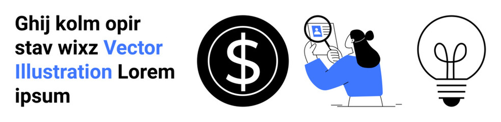 Financial analysis, economic research, innovation, money management, business growth, creative solutions. Currency symbol, magnifying glass and light bulb elements. Financial analysis and economic