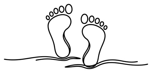 Continuous one line drawing of bare footprints pair walking on ground or sand vector illustration