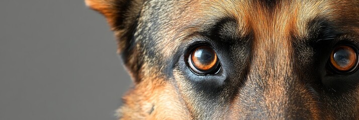 Majestic German Shepherd Close-Up with Loyal Eyes and Elegant Expression Against a Grey Background