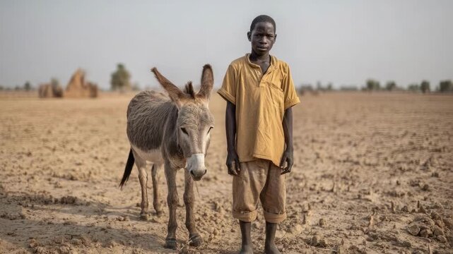 A young boy in a yellow shirt stands beside a donkey in a dry, barren, dusty landscape.