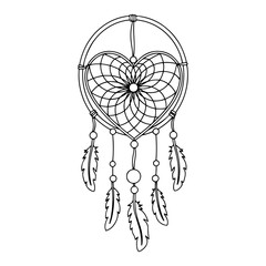 Heart shaped dreamcatcher with hanging feathers vector illustration black and white outline drawing of a boho amulet for romantic valentine decoration