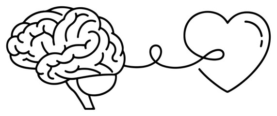 Human brain connected to a heart shape with a wire vector illustration black and white outline drawing of mind and emotion balance for valentine