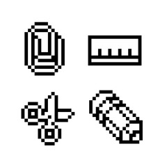 Fototapeta premium Pixel art set of school and office items backpack, ruler, scissors and pencil. Retro 8-bit style icons for UI design, apps, games, creative tools, education interfaces and digital layouts.