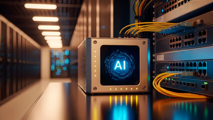 AI processor unit in modern data center. Server rack and network cables provide connection. Future technology concept for artificial intelligence and machine learning.