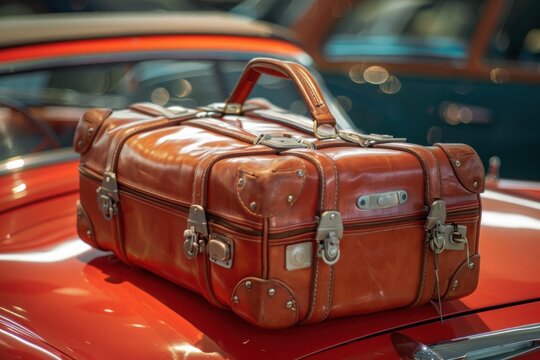 Brown leather suitcase sitting on the trunk of a shiny red vintage car, evoking a sense of travel and adventure