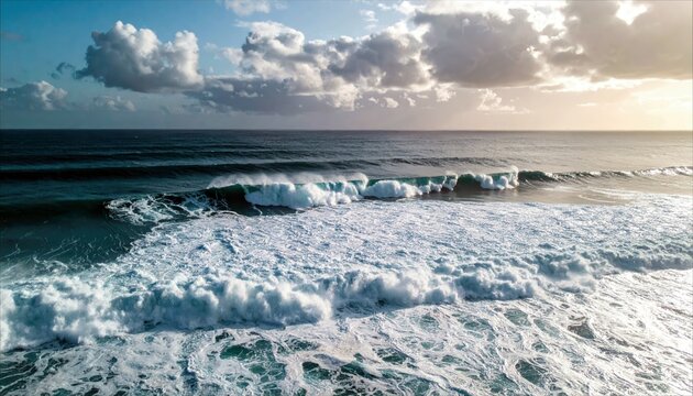Aerial view of ocean waves crashing on the surface of the sea under a cloudy sky during sunset. - Powered by Adobe