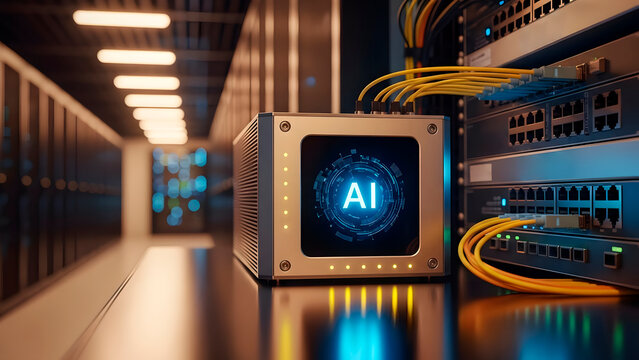 AI processor unit in modern data center. Server rack and network cables provide connection. Future technology concept for artificial intelligence and machine learning.
