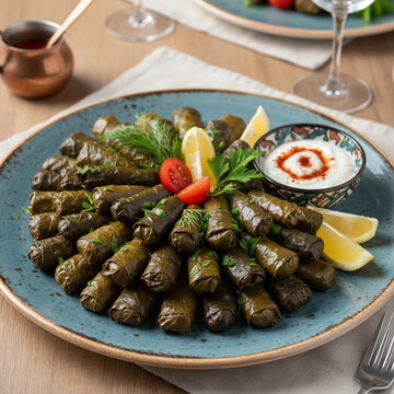 A beautifully arranged plate of stuffed vine leaves served with yogurt dip, lemon wedges, and cherry tomatoes, presented in a warm, inviting Mediterranean dining setting.