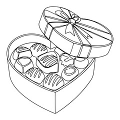 Continuous one line drawing of heart shaped chocolate box gift with sweets and bow for Valentines Day