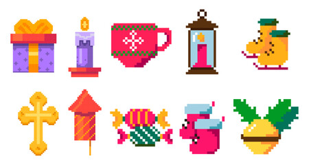 Pixel Art Christmas Elements Set .  Holiday Decorations and Festive Icons.