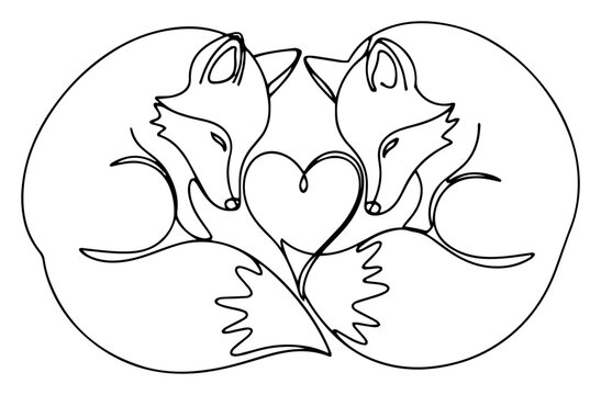 Two sleeping foxes curled up together forming a heart shape in continuous line art style vector illustration for valentines day