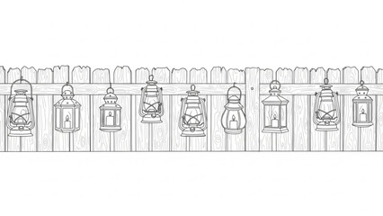 A charming collection of various vintage kerosene lanterns with lit candles are artistically suspended from a rustic wooden fence