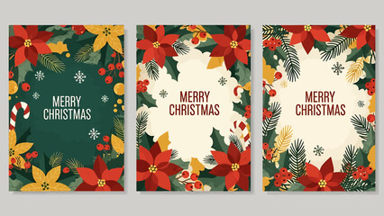 Three festive Christmas cards with floral arrangements and the words 'Merry Christmas' in the center.