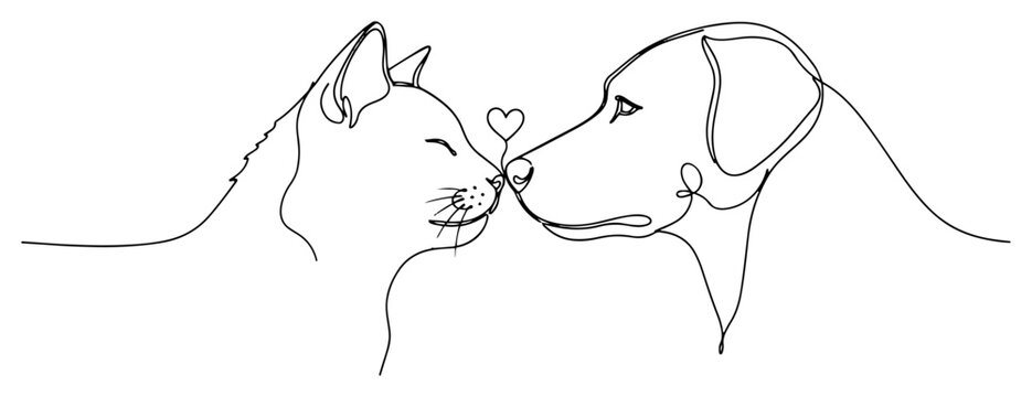 Cat and dog touching noses with a heart vector illustration continuous one line drawing of pet friendship and love for valentine design