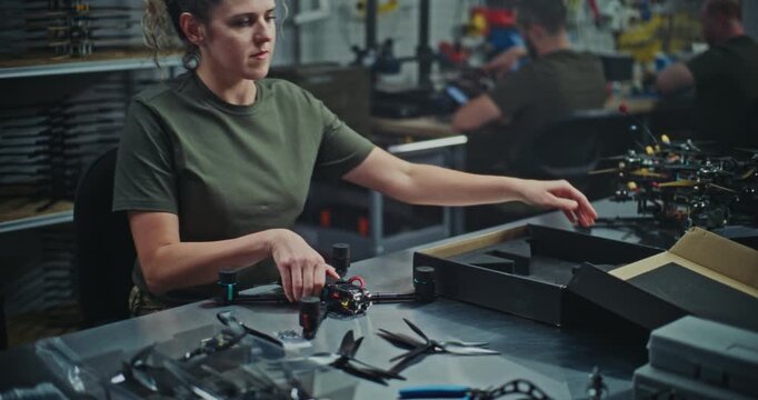 Close Up of Female Technician Finalizing Drone. Woman In Military Uniform Finalizing Assembly of FPV Drone, Detailed Finishing Touches and Technical Precision Required For Operational Readiness.