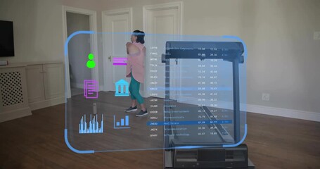 Woman exercising while man entering and adjusting wearable, AR overlay monitoring treadmill fitness - Powered by Adobe