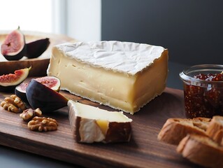 Gourmet Brie Cheese Board: An elegant cheese board featuring creamy Brie with figs, walnuts, fig jam, and artisanal bread
