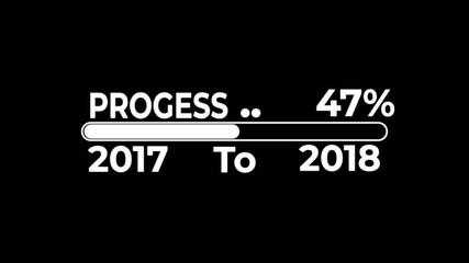 A person in a dark suit touches a progress bar with percentage 0 to 100 on a black background, showing progress from 2017 to 2018.
