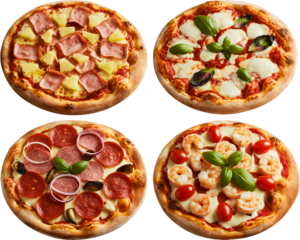Four delicious pizzas with different toppings for food lovers