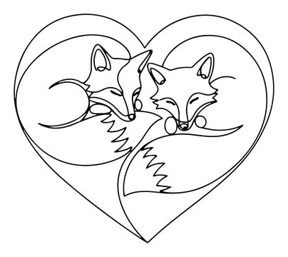 Continuous one line drawing of two cute foxes sleeping together inside a heart shape - Powered by Adobe