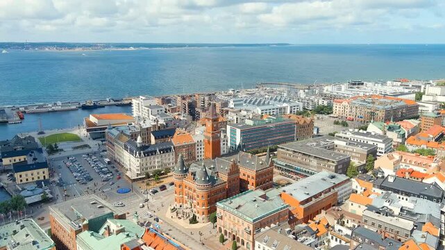Helsingborg, Sweden. Helsingborg Town Hall. Summer day. Cloudy weather. Drone footage, Point of interest