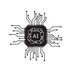 Artificial intelligence processor chip icon with geometric neural network pattern and symmetrical digital circuit line design