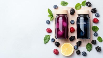 Overhead shot of two jars filled with berry smoothies, surrounded by fresh berries, mint leaves, and a lemon slice on a wooden board against a white background.