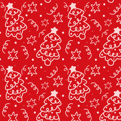 Festive seamless pattern with hand-drawn Christmas trees and stars on a bright red background. Perfect for holiday packaging, wrapping paper, textiles, invitations and seasonal decor.