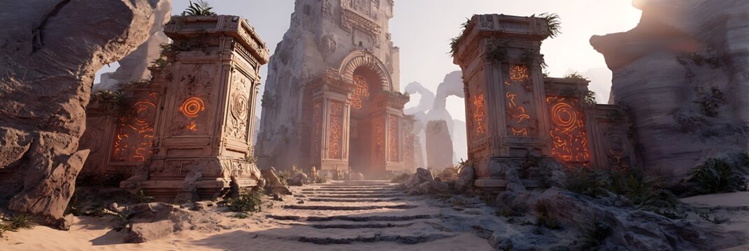 Timeworn sandstone temple mockup with interactive orange glyphs and sun haze