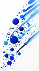 Abstract image of blue paint splatters, drops, and brushstrokes on a white background. Artistic and creative composition.