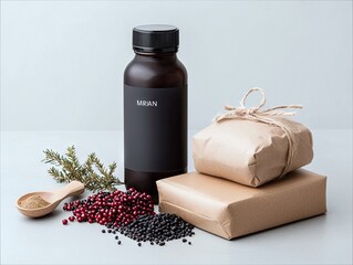 Still life image of a bottle with a label, wrapped packages, wooden spoon, and various ingredients on a table. Studio lighting.