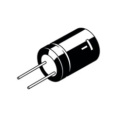 Isometric electronic capacitor icon with cylindrical body, polarity marking, and dual lead wires in a bold black-and-white vector style