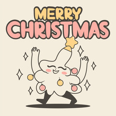 Merry Christmas groovy tree mascot poster. Retro style greeting card. Vector illustration.	