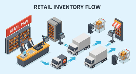 Obraz premium Streamlined retail inventory flow showing supply chain management, logistics, distribution, and purchasing with store clerks and delivery trucks