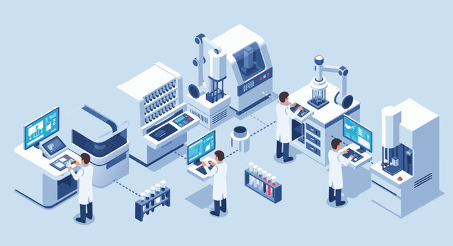 Modern science lab with researchers operating advanced equipment for pharmaceutical research and development, offering a glimpse into future innovations