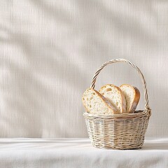 Close-up of a basket filled with sliced bread, sitting on a white tablecloth. The background features a textured wall with shadows, lit by natural light.