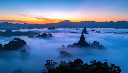 Aerial view of ancient pagoda towers emerging from a sea of mist at sunrise, with mountains in the background. Beautiful landscape.