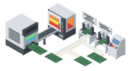 Automated electronic manufacturing showcasing circuit board production and automated quality control inspection, emphasizing precision engineering and technological advancement