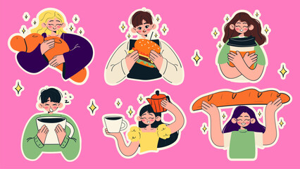 Happy people with enormous size food stickers. Smiling woman and man enjoy the enormous coffee, baguette, croissant, hamburger. Flat vector illustration.	