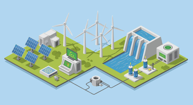 Discover sustainable energy solutions with this modern illustration of solar panels, wind turbines, and hydroelectric dams for a cleaner tomorrow and a greener future