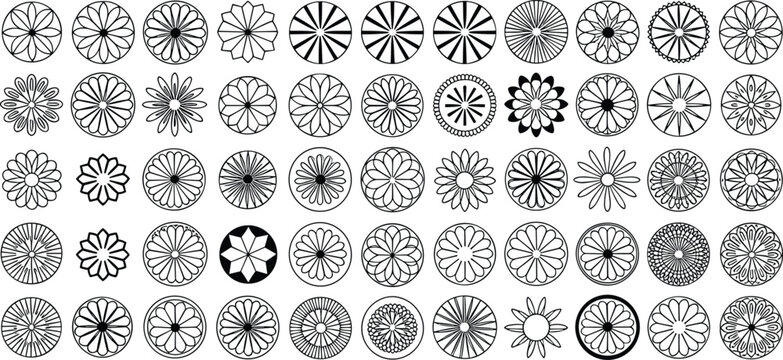 Collection of black and white circular floral and geometric patterns