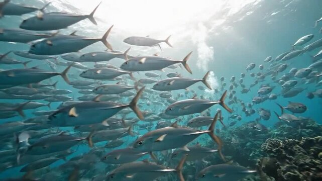 A school of fish swims in clear blue underwater ocean water.