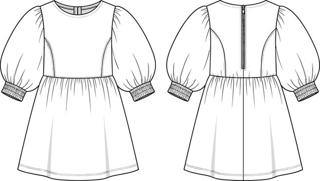 Technical fashion sketch, puff sleeve dress, princess seam, gathered skirt, front and back view, garment blueprint, zipper back, Adobe Stock