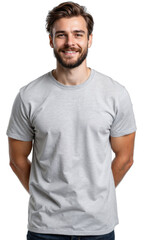 Fototapeta premium Relaxed Man in T-shirt Casual young man in light grey T-shirt, standing with arms at sides, slight smile, bearded face