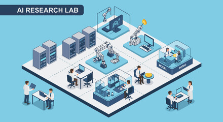 Obraz premium Dynamic artificial intelligence research lab with robotic arms and data servers, showcasing cutting-edge technology and collaborative scientific innovation
