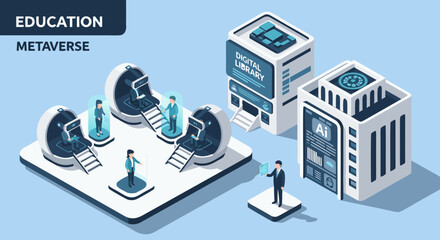 Isometric metaverse education concept showing digital library, AI learning, students in VR pods, a futuristic modern learning experience for the future