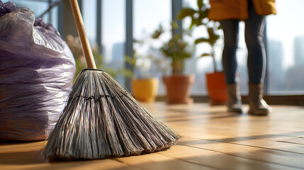 Solitary broom leans on hardwood floor beside trash bag after monotonous task creating calm home cleaning atmosphere