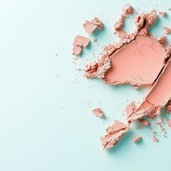 Overhead shot of broken blush powder scattered on a light blue surface, representing beauty and cosmetics. The image has a clean, minimalist aesthetic.