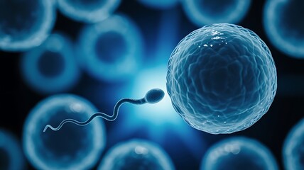 Sperm approaching egg cell for fertilization in blue light