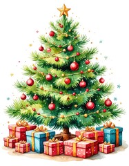 Christmas tree and gifts on a white background. Watercolor Christmas card.
